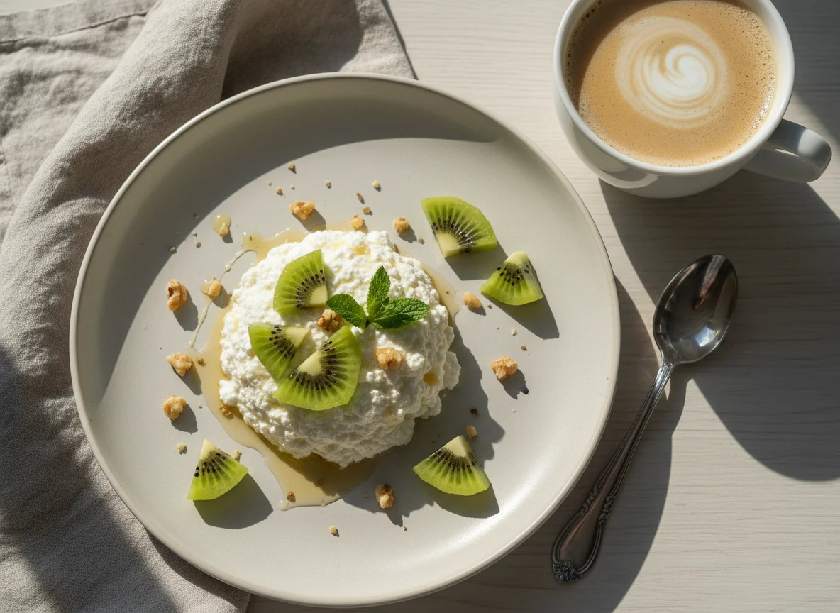 Завтрак с творогом, киви и кофе photo