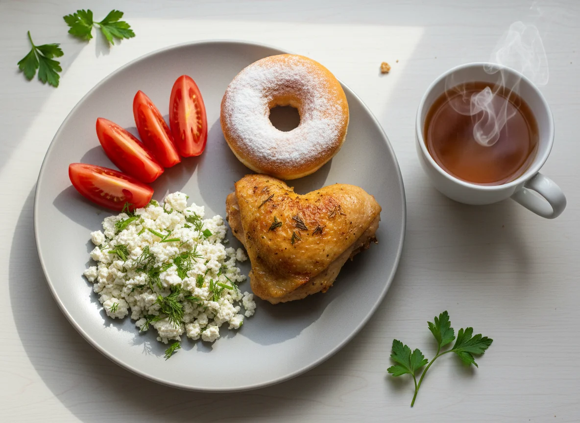 Завтрак с творогом, курицей и выпечкой photo