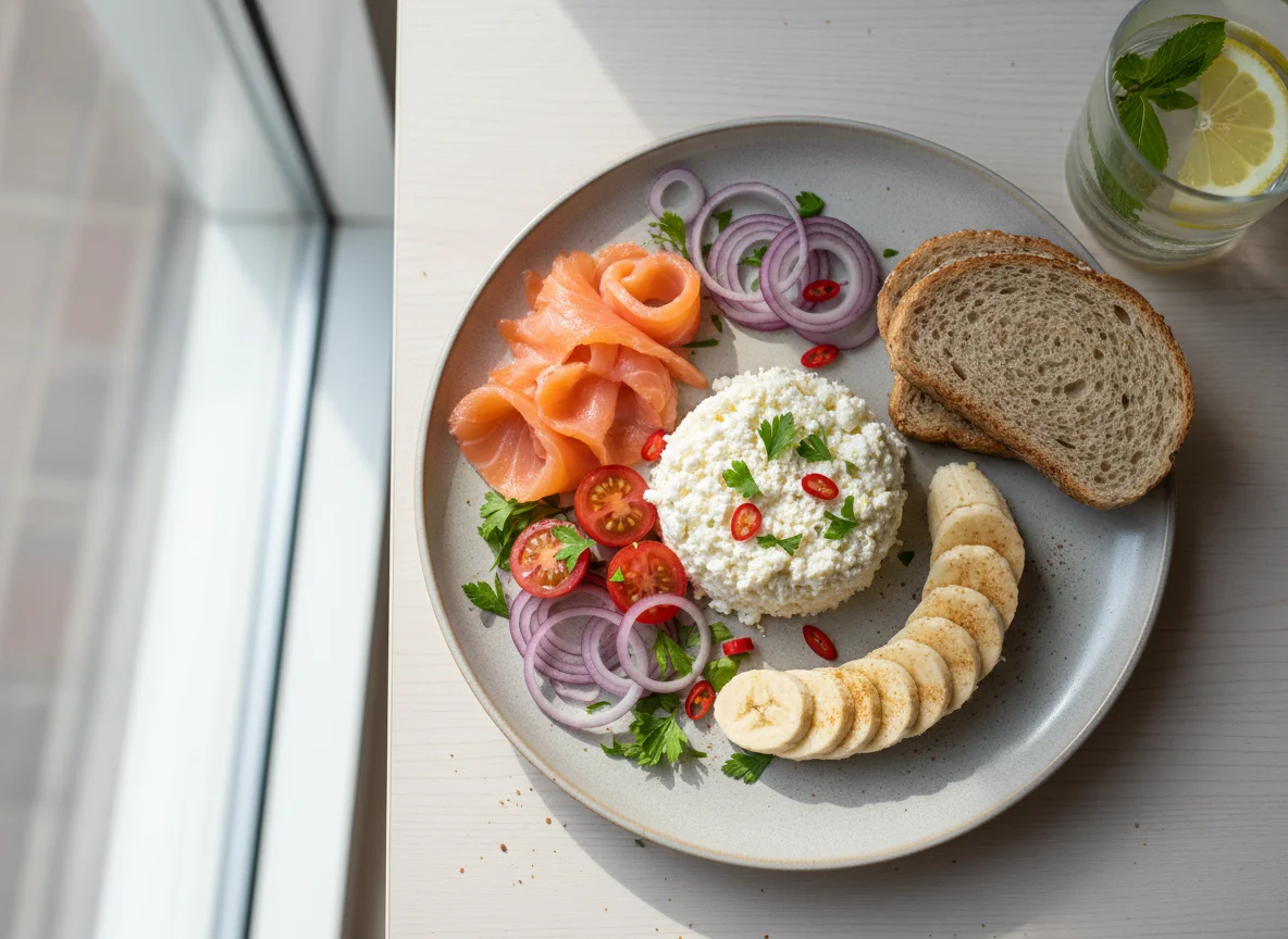 Завтрак с творогом, лососем и бананом photo