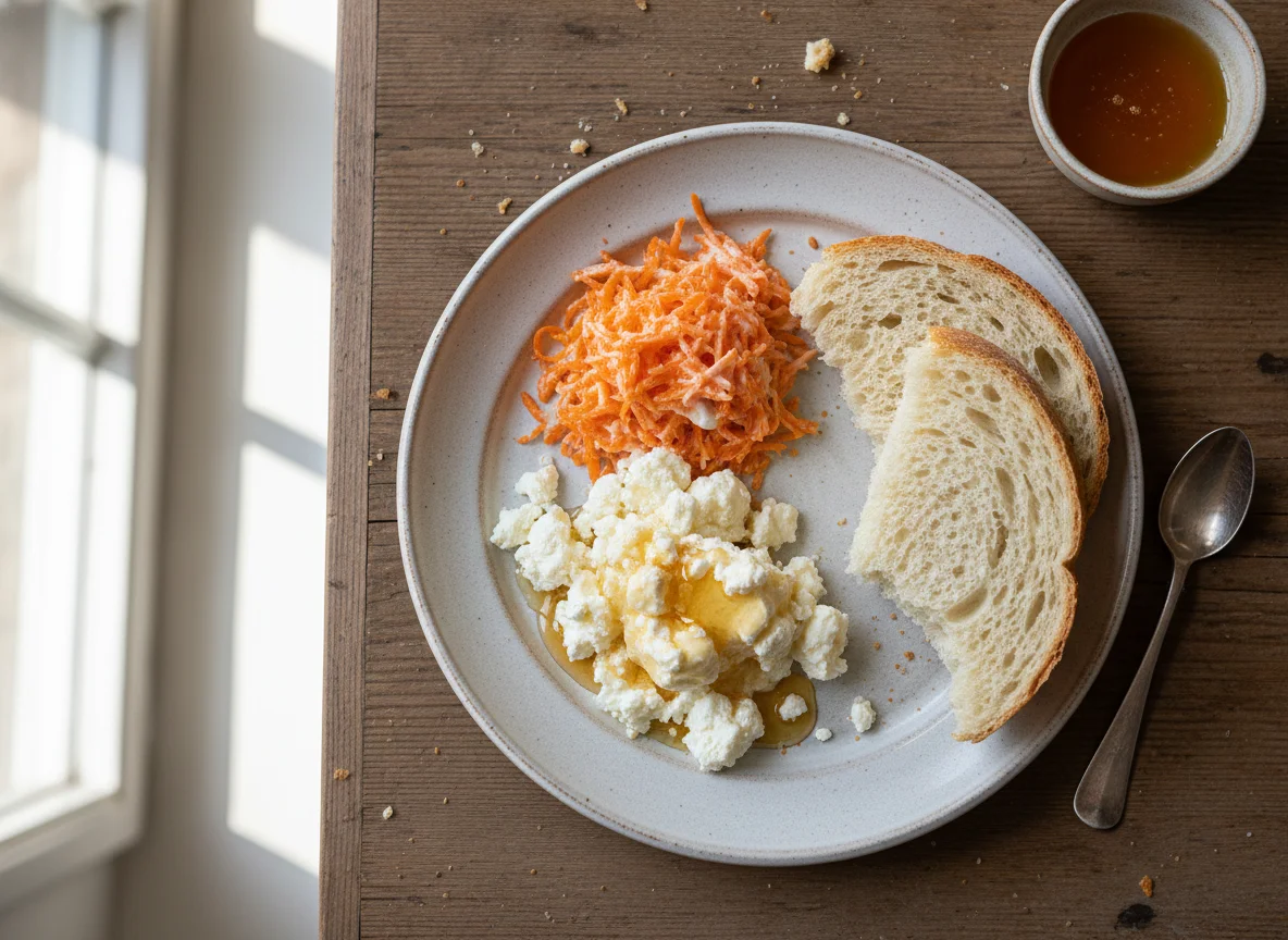 Завтрак с творогом, морковью и хлебом photo