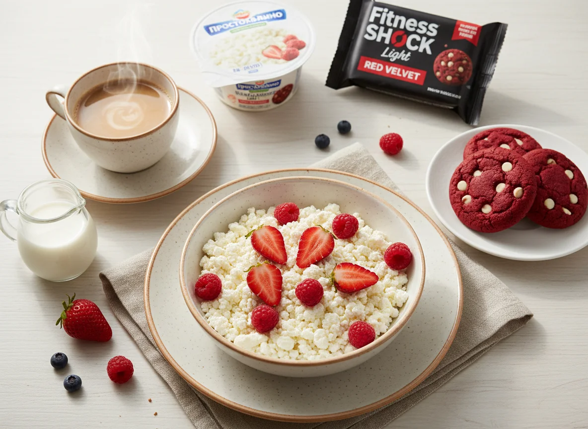 Завтрак с творогом, печеньем и кофе photo