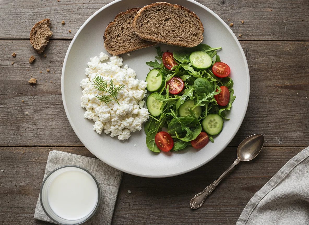 Завтрак с творогом, салатом и молоком photo