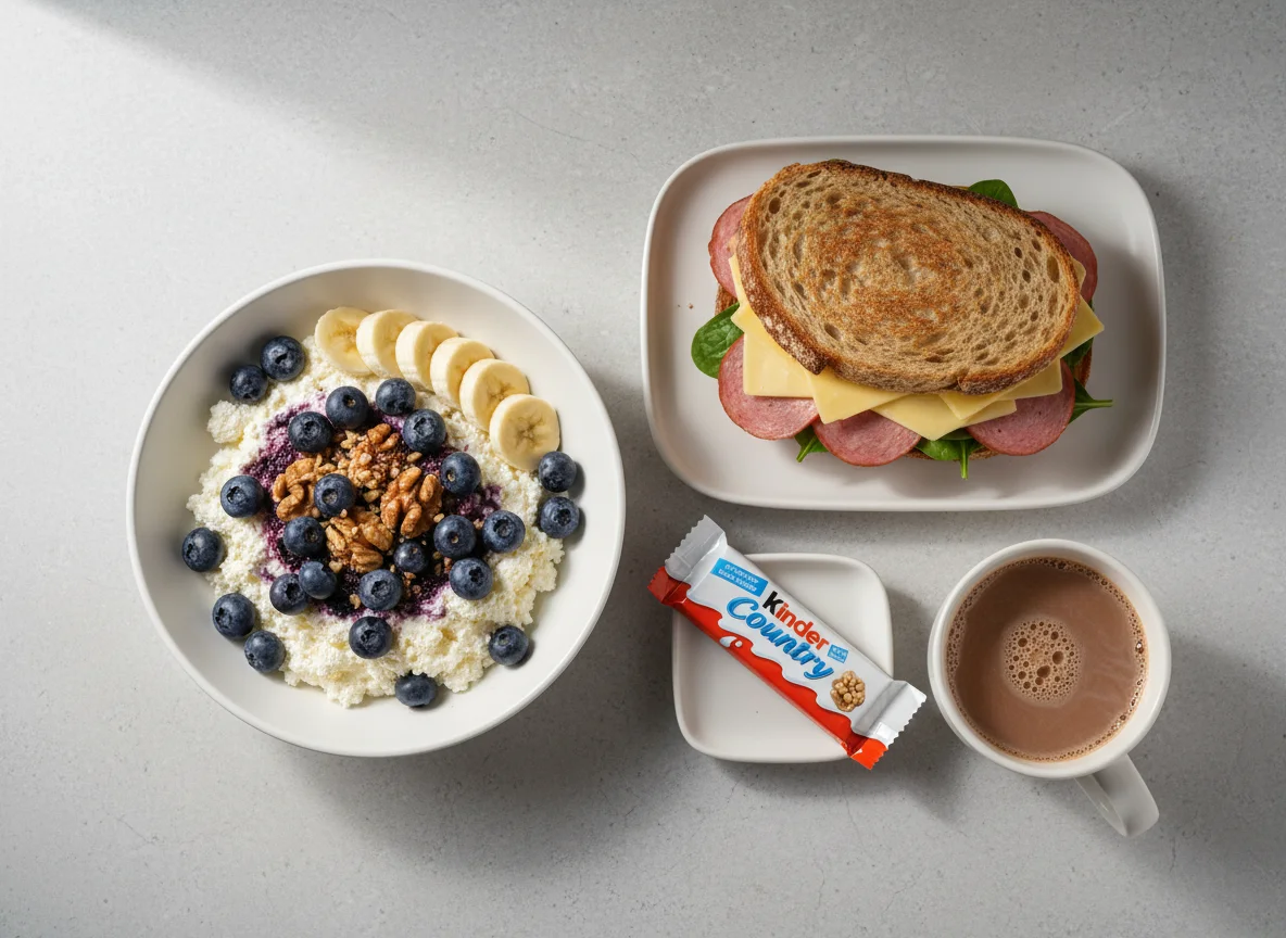 Завтрак с творогом, сэндвичем и какао photo