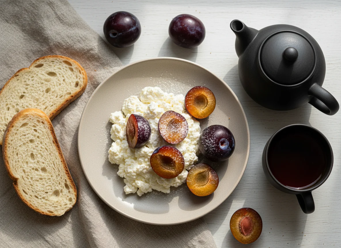 Завтрак с творогом, сливами и чаем photo