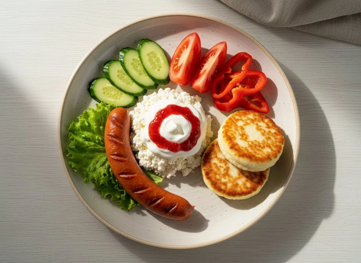 Завтрак с творогом, сосисками и овощами photo