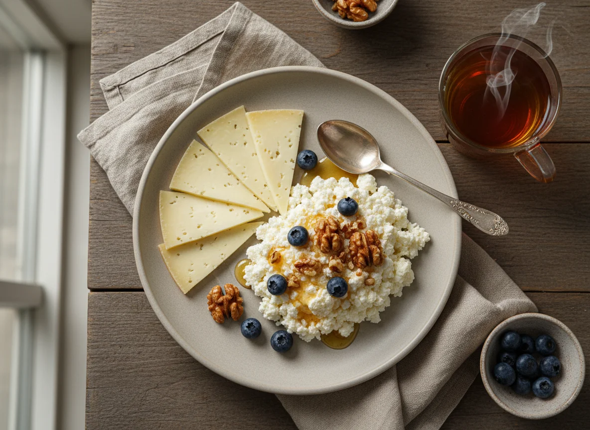 Завтрак с творогом, сыром и чаем photo