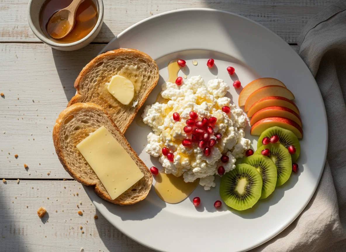 Завтрак с творогом, тостами и фруктами photo