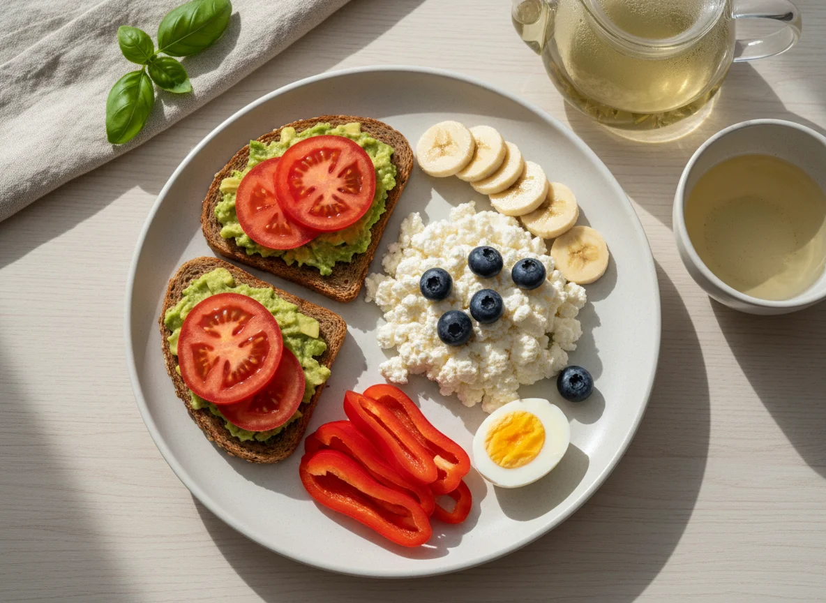 Завтрак с творогом, тостами и овощами photo
