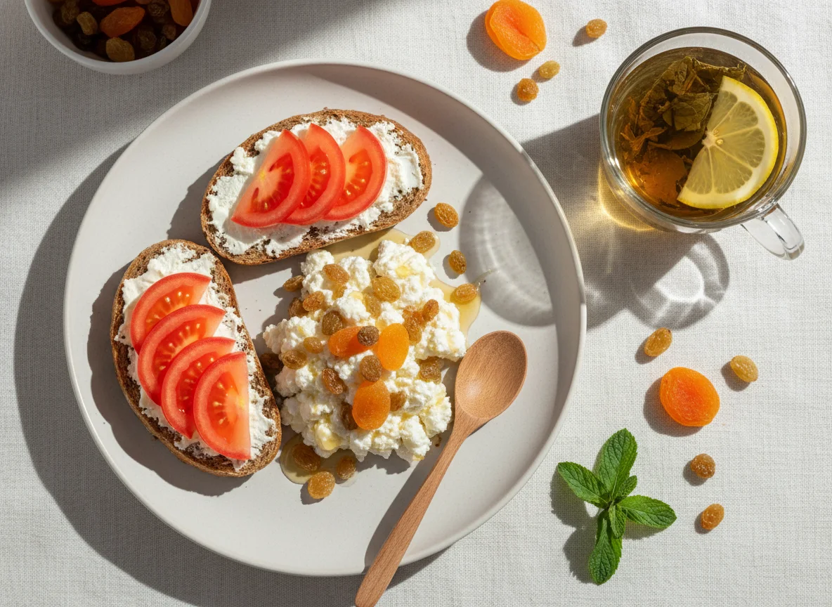 Завтрак с творогом, тостом и чаем photo