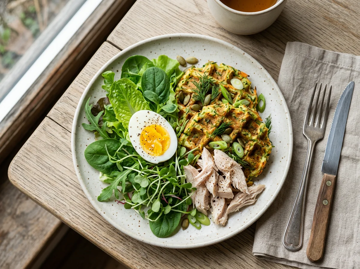 Завтрак с вафлями и яйцом photo