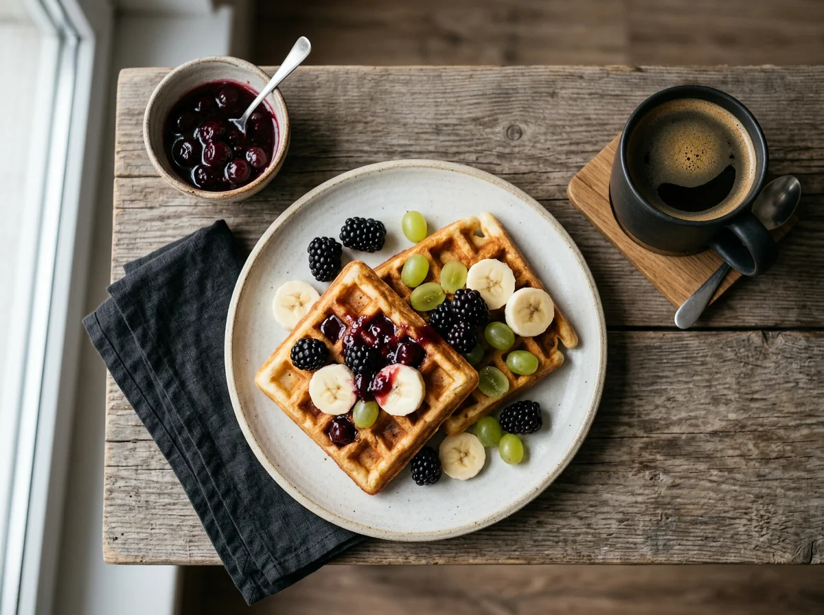 Завтрак с вафлями и фруктами photo