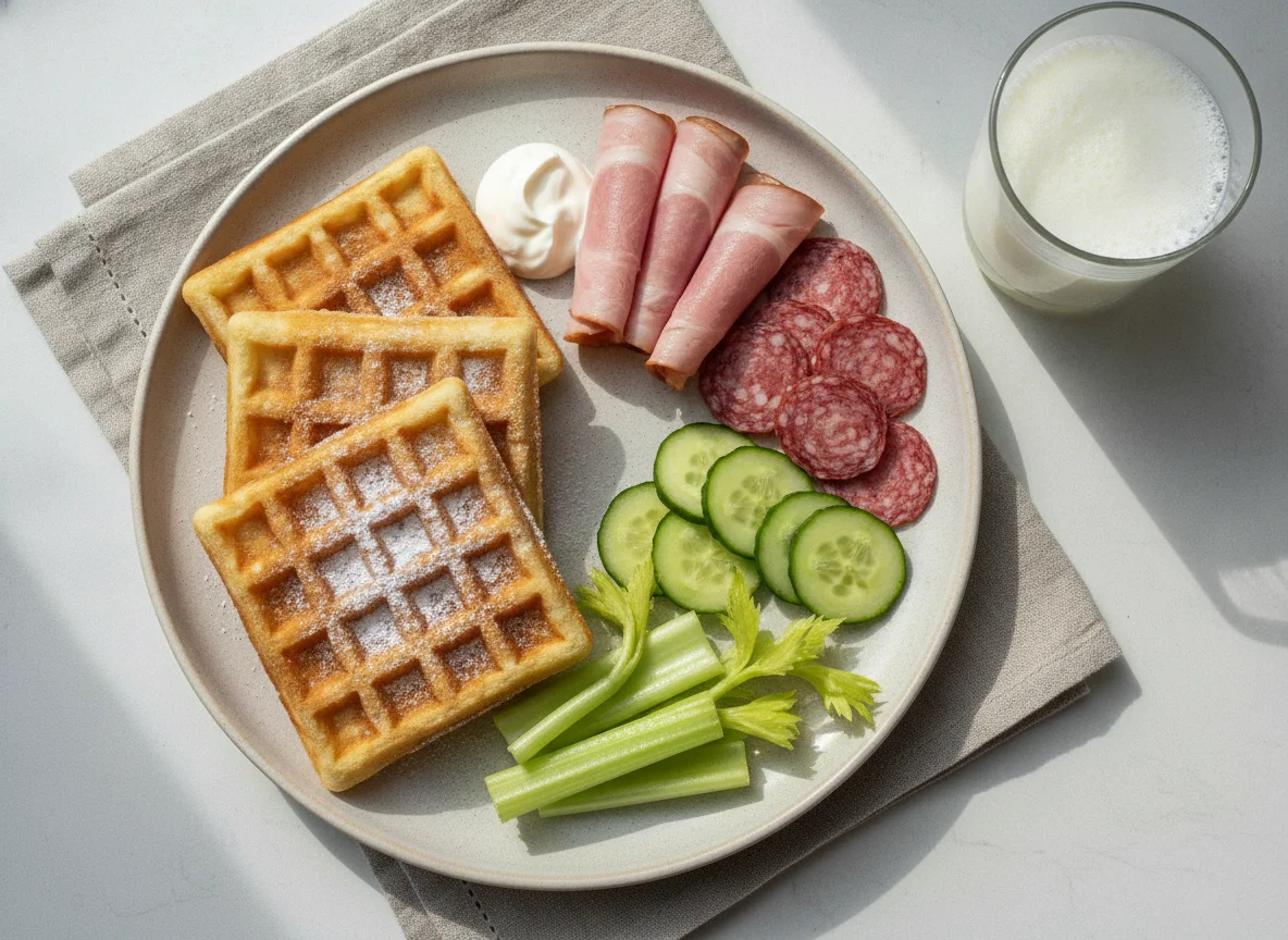 Завтрак с вафлями и мясной нарезкой photo