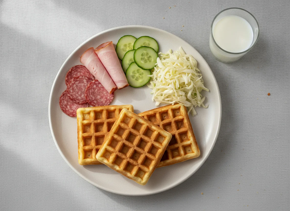 Завтрак с вафлями, мясом и овощами photo