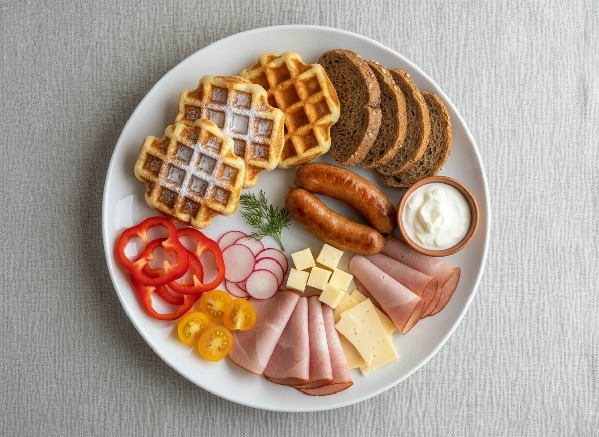 Завтрак с вафлями, овощами и колбасными изделиями photo