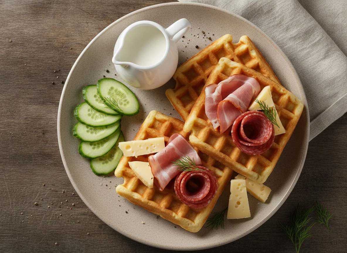 Завтрак с вафлями, ветчиной и овощами photo
