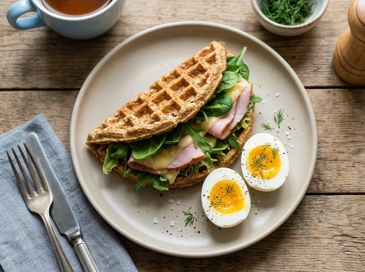 Завтрак с вафлей и яйцами photo