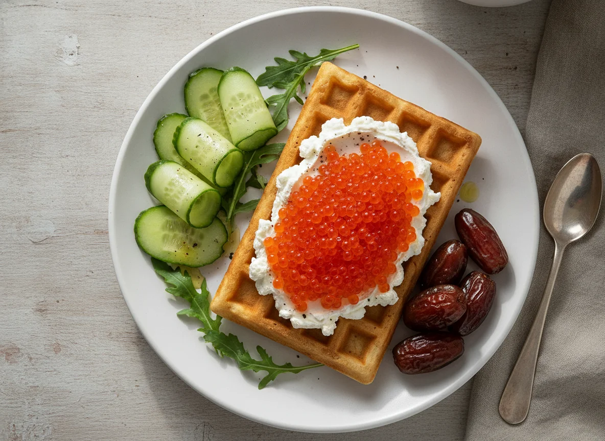 Завтрак с вафлей, икрой и овощами photo