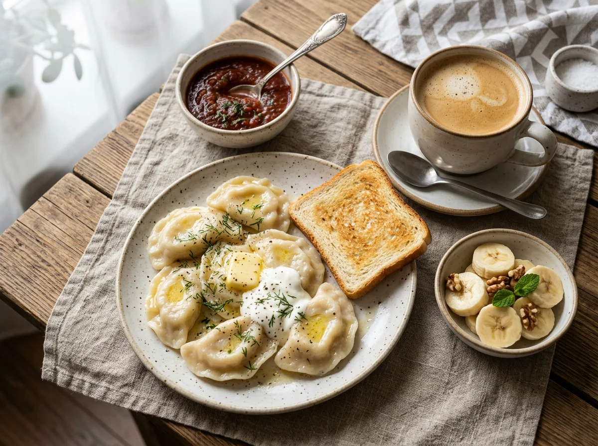 Завтрак с варениками и тостом photo