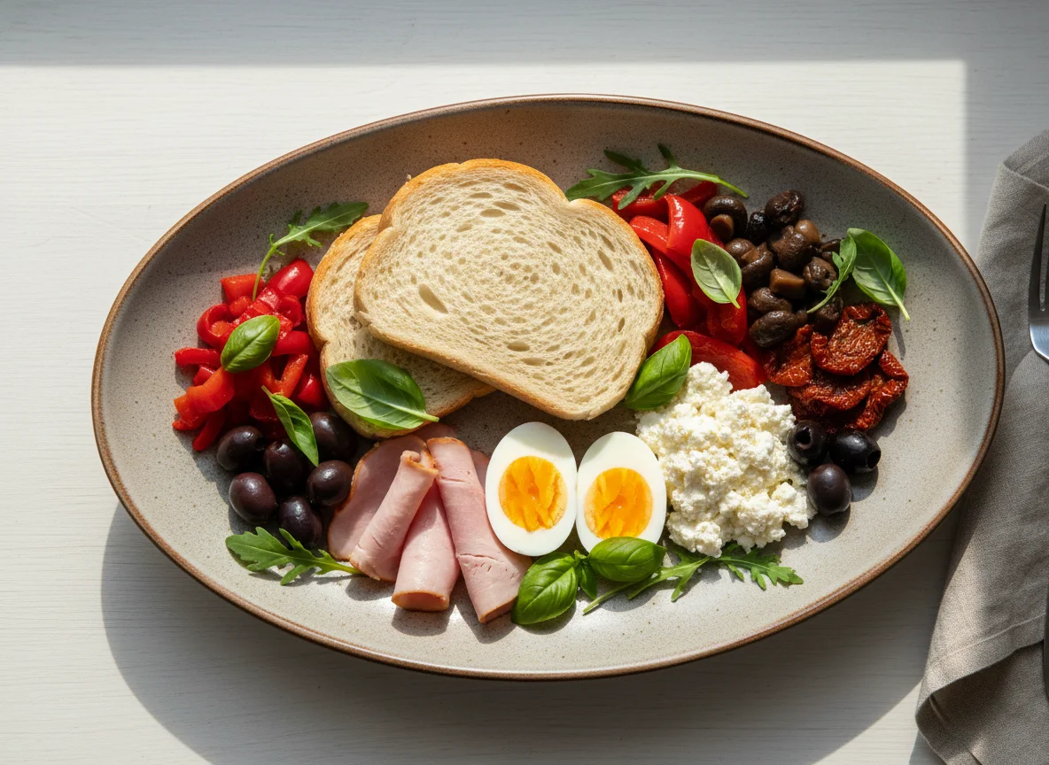 Завтрак с ветчиной, яйцами и овощами photo