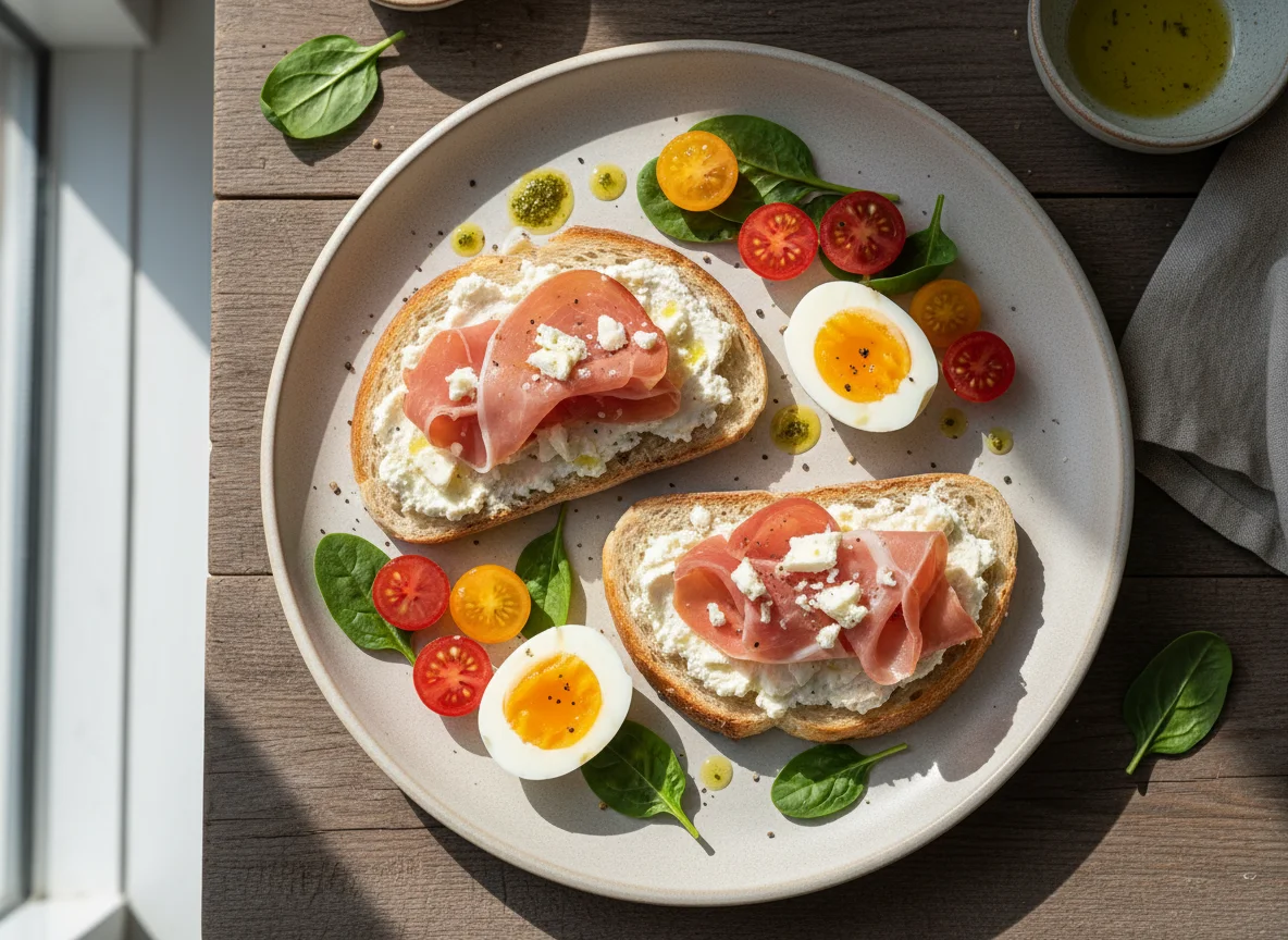 Завтрак с ветчиной, яйцами, сыром и овощами photo