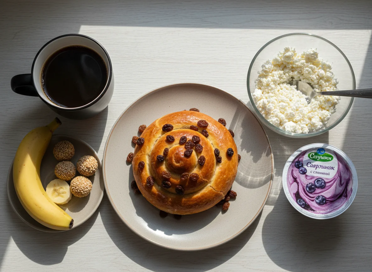 Завтрак с выпечкой и молочными продуктами photo