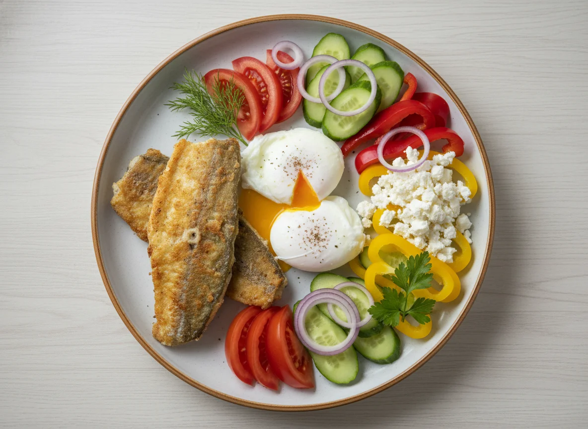 Завтрак с жареной рыбой и овощами photo