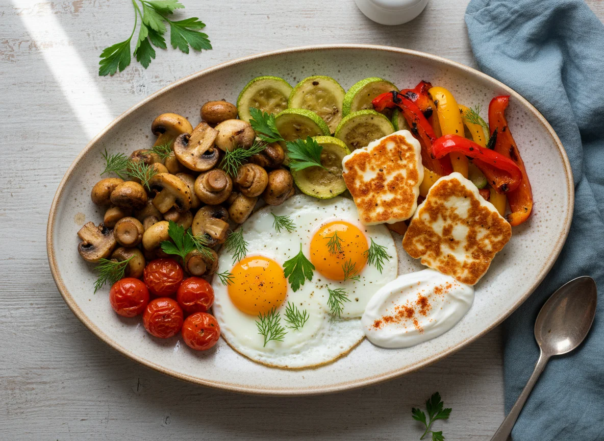 Завтрак с жареными овощами, сыром и яйцами photo