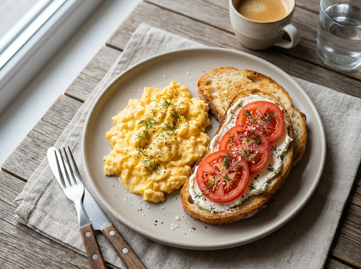 Завтрак со скрэмблом и тостами photo