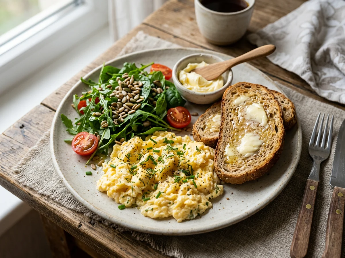 Завтрак со скрэмблом и тостом photo