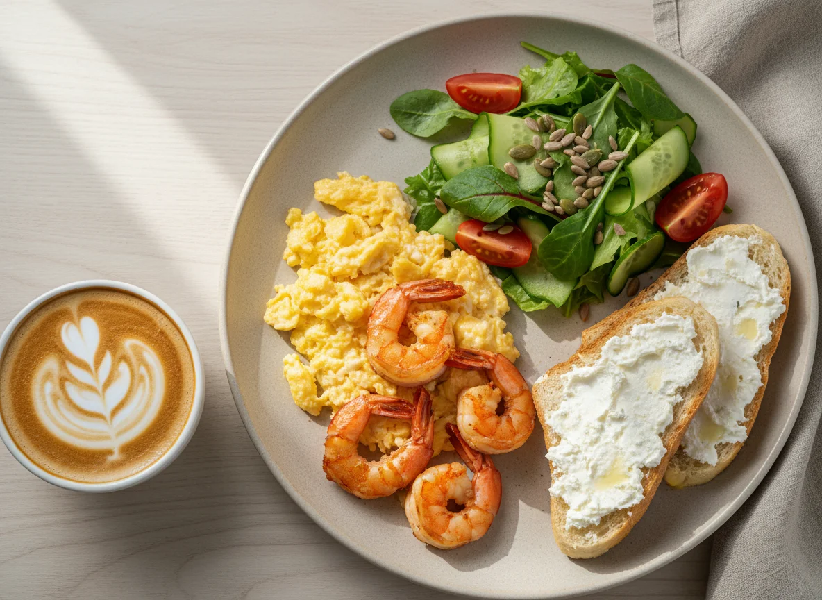 Завтрак со скрэмблом, креветками и тостами photo