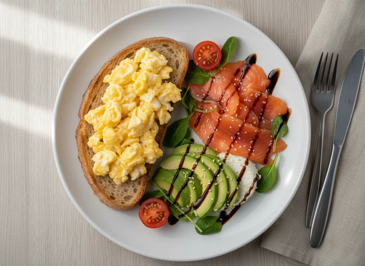 Завтрак со скрэмблом, лососем и авокадо photo