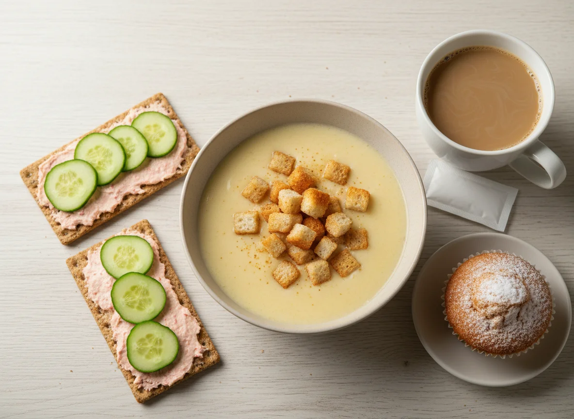 Завтрак: сырный суп с сухариками, бутерброды с крилем и огурцом, кофе с молоком и кекс photo