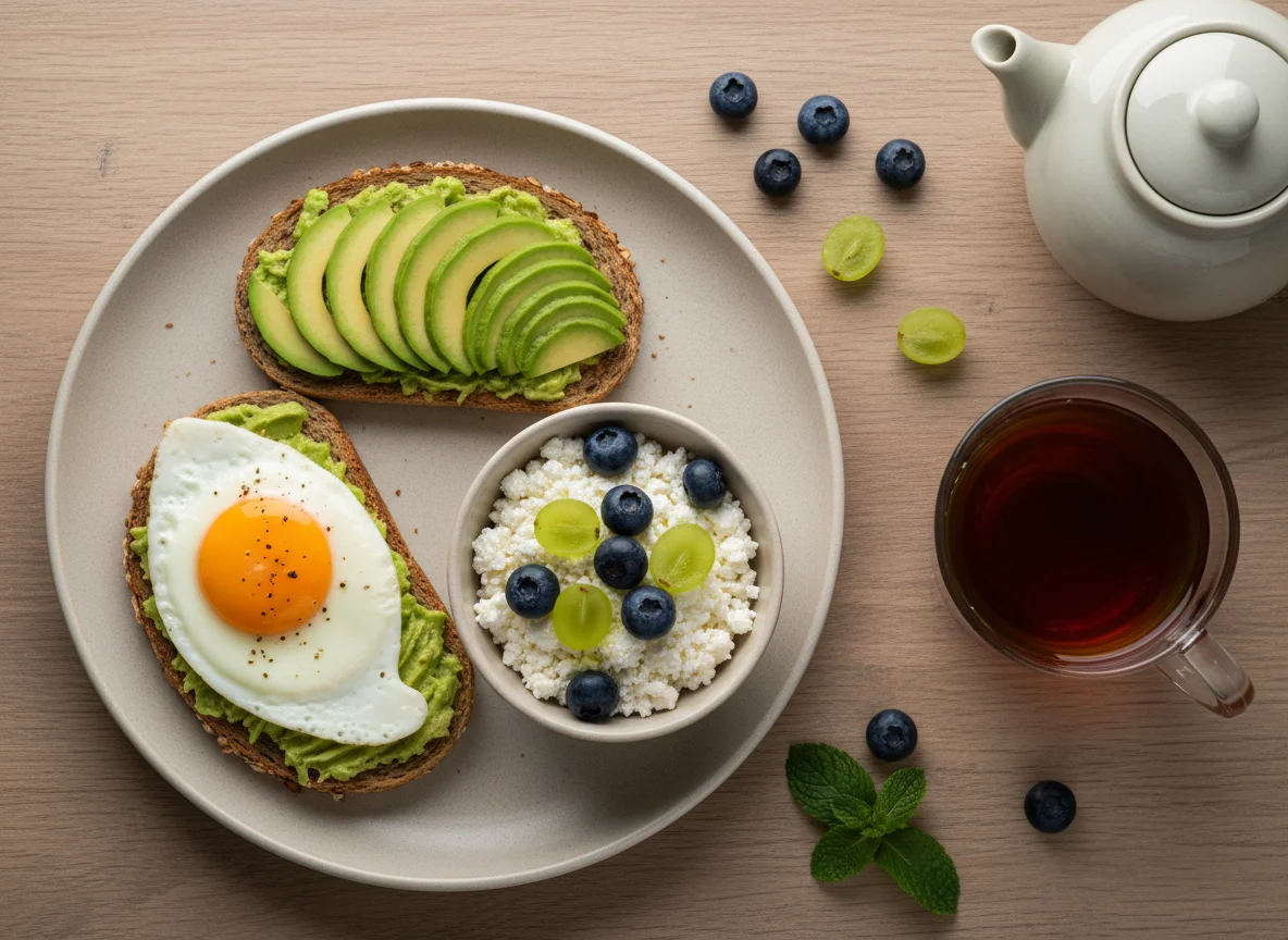 Завтрак: тосты с авокадо и яйцом, творог с фруктами и чай photo