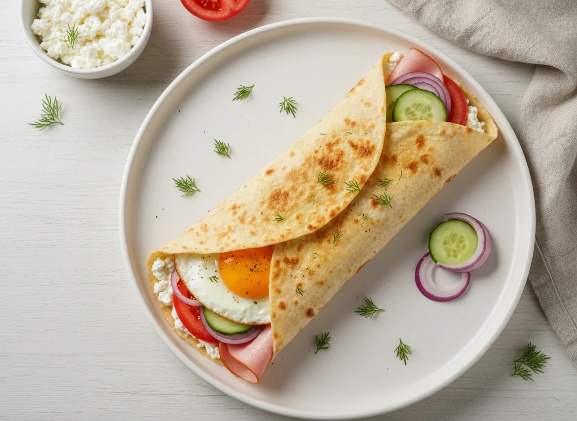Завтрак в лаваше с яичницей и ветчиной photo