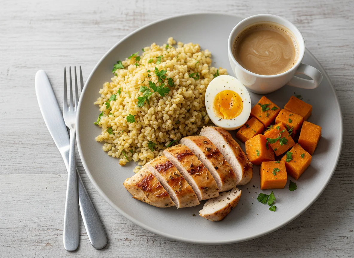 Здоровый обед с булгуром и курицей photo