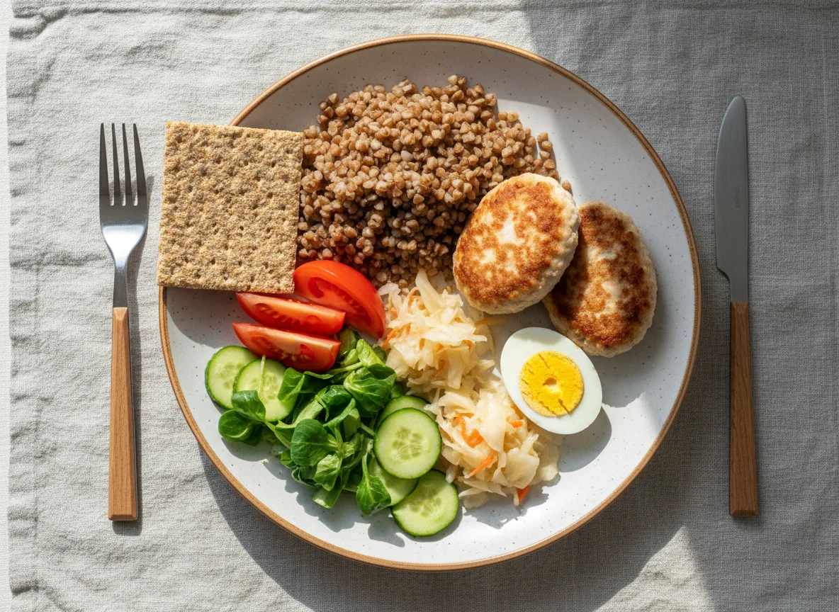 Здоровый обед с гречкой и котлетами photo