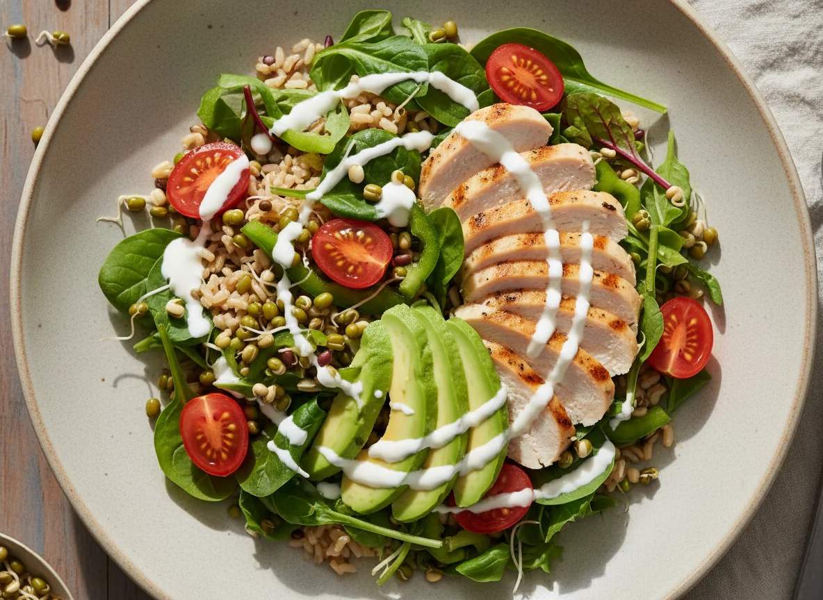 Здоровый салат с курицей и рисом photo