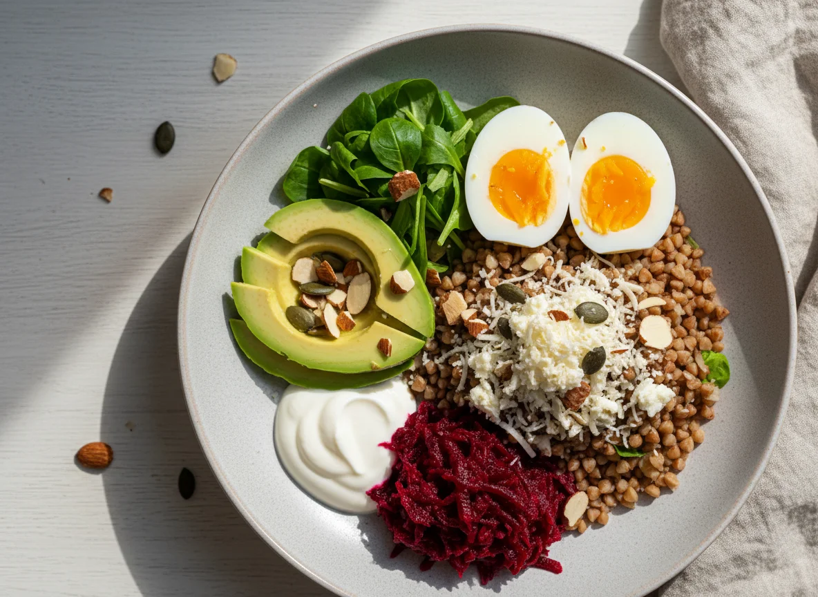 Здоровый завтрак с гречкой и яйцами photo