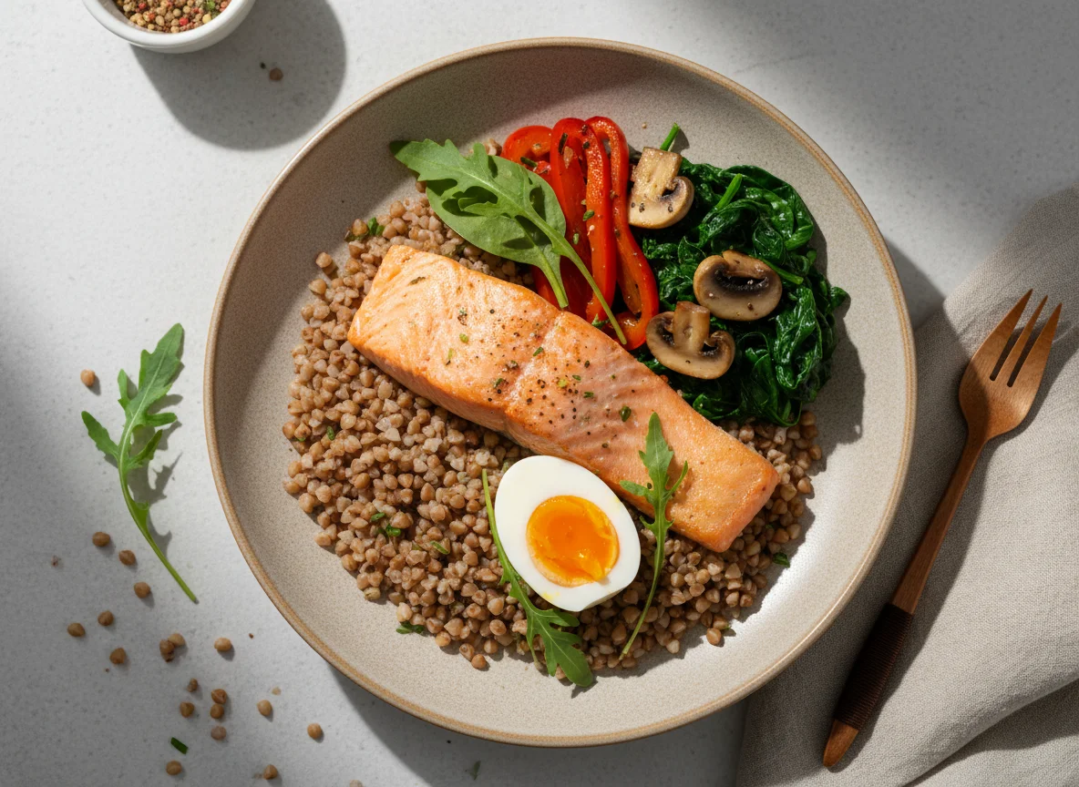 Здоровый завтрак с гречкой и лососем photo