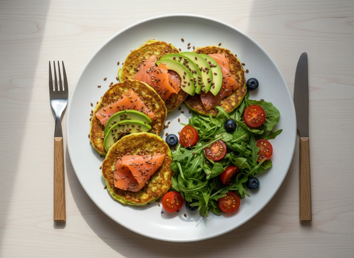 Здоровый завтрак с оладьями из цукини и лососем photo