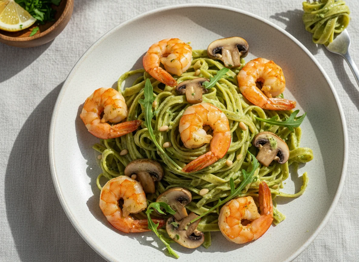 Зеленая паста с грибами и креветками photo