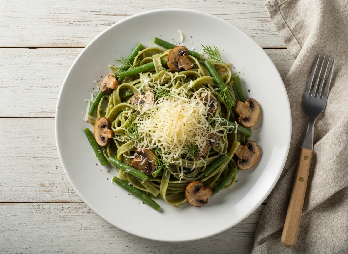 Зеленая паста с грибами, стручковой фасолью и сыром photo