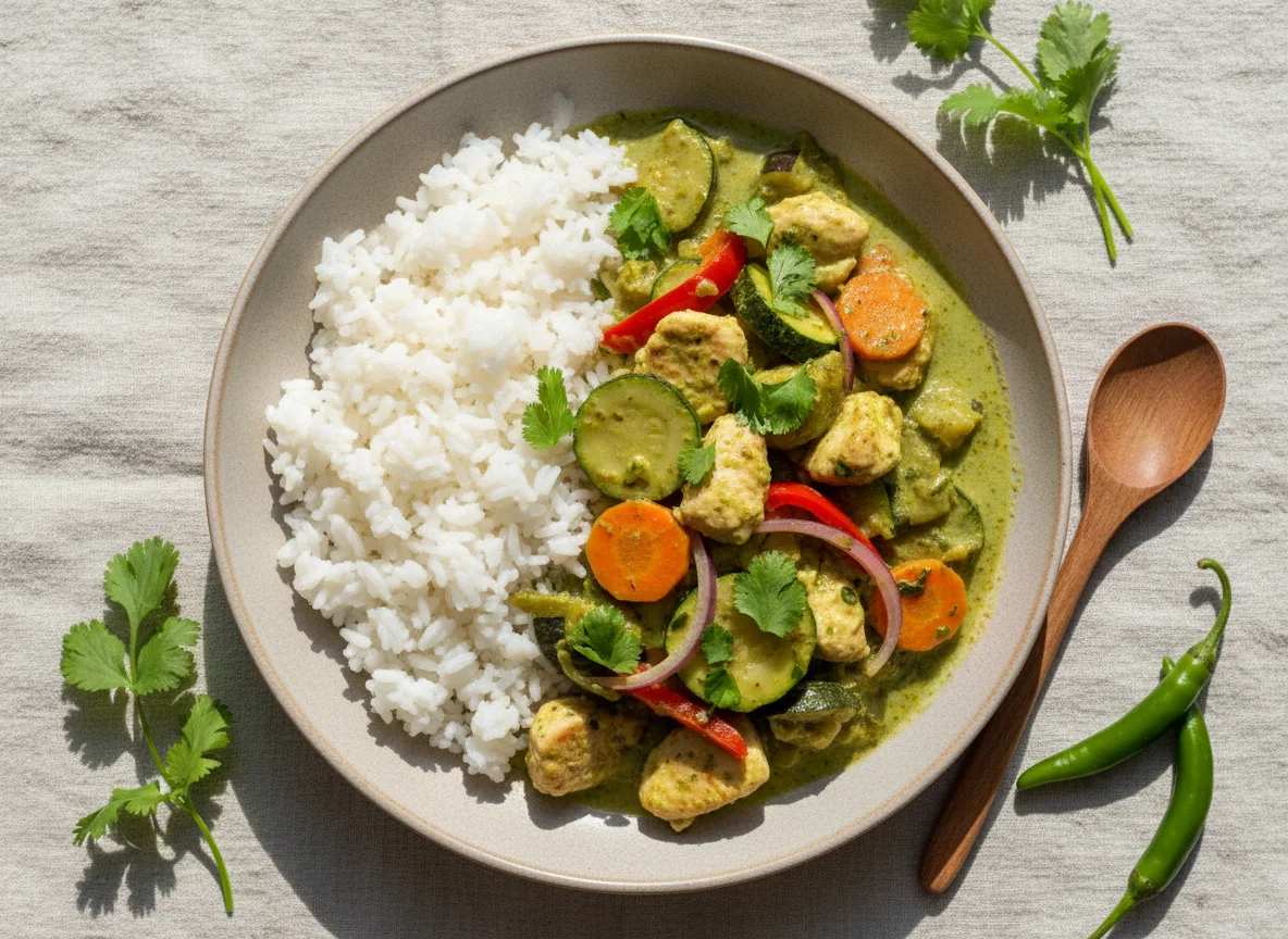 Зеленое карри с курицей, овощами и рисом photo