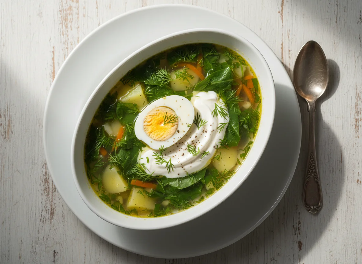 Зеленый борщ или щавелевый суп со сметаной photo