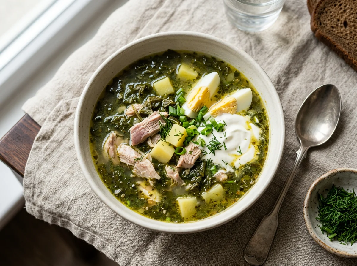 Зеленый борщ с курицей и сметаной photo