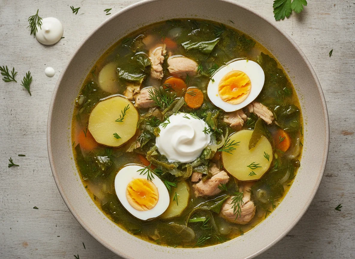 Зеленый борщ со щавелем и курицей photo