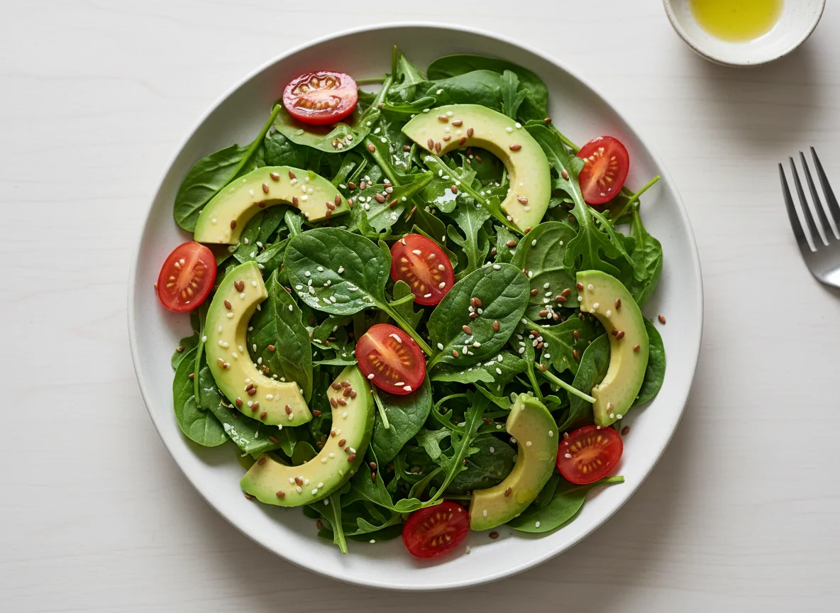 Зеленый салат с авокадо и семенами photo