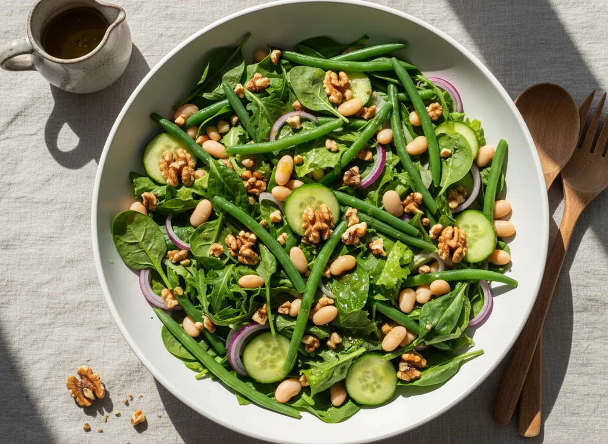 Зеленый салат с фасолью и грецким орехом photo