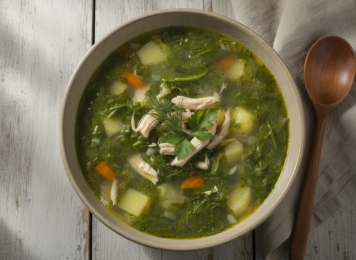 Зеленый суп с курицей и картофелем photo