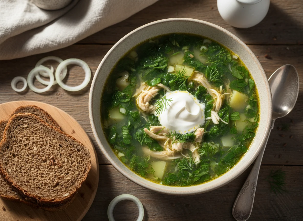 Зеленый суп с курицей, сметана, лук и ржаной хлеб photo